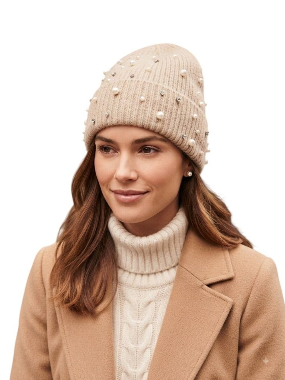 Tahari Beige Embellished Pearl Rhinestone Beanie One Size Neutral Stylish
